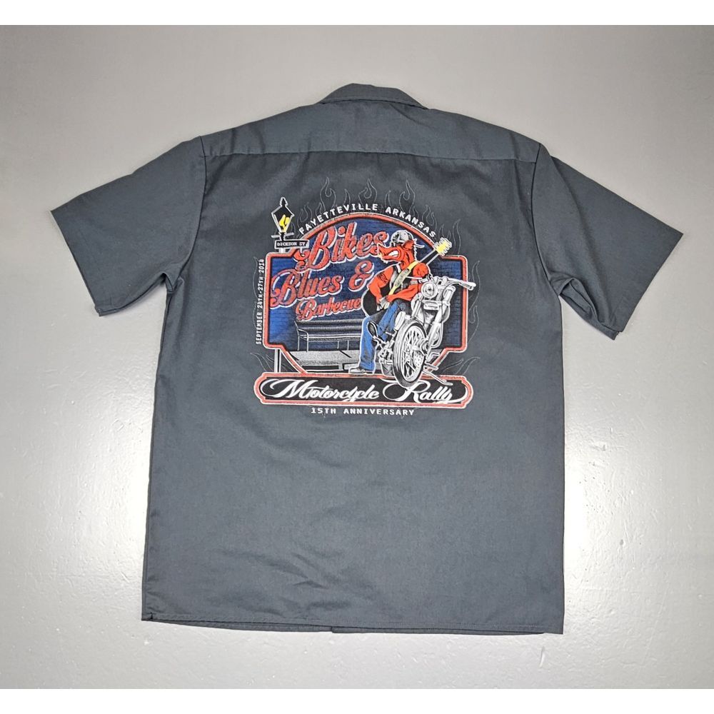 Dickies Button Up Shirt Mens Med. 2014 BBB Motorcycle Rally‎ Patches 15th Anniv.